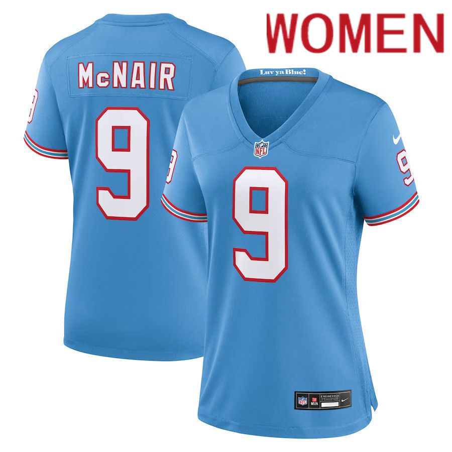 Women Tennessee Titans #9 Steve McNair Nike Light Blue Oilers Throwback Retired Player Game NFL Jersey->women nfl jersey->Women Jersey